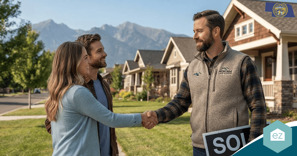A real estate agent shakes hands with a couple outside a suburban home with a “sold” sign, mountains visible in the background—an ideal moment for generating quality Nebraska real estate leads.