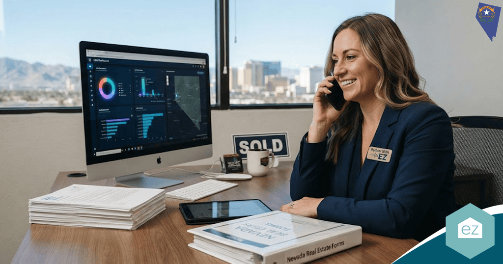 A woman in business attire sits at a desk with real estate documents, talking on the phone about Nevada real estate leads, while data dashboards display on a computer monitor in an office with a city view.