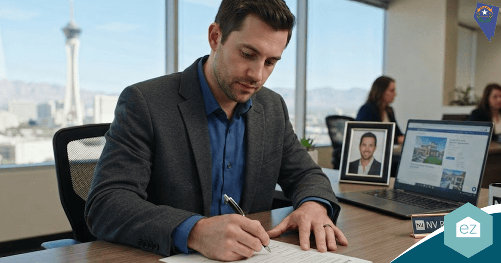 A man in business attire sits at a desk signing papers, with a laptop, framed photo, and window city view in the background, focused on generating Nevada real estate leads.