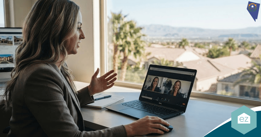A woman sits at a desk by a window, participating in a video call on a laptop with two people visible on the screen, discussing strategies to generate Nevada real estate leads.
