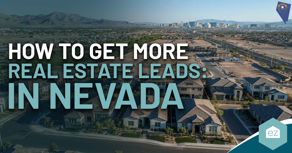 Aerial view of a suburban neighborhood in Nevada with text, “How to get more Nevada real estate leads: in Nevada” over the image.