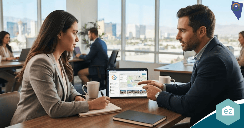 Two professionals sit at a table in an office, discussing Nevada real estate leads displayed on a tablet, with notebooks and coffee cups in front of them.