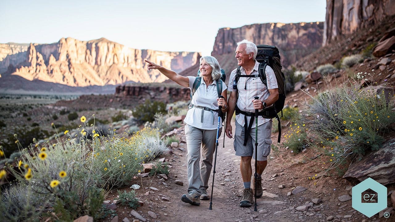 An older couple hiking a red-rock desert trail in Nevada