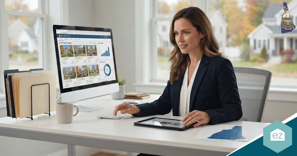 Woman in business attire sits at a desk viewing New Hampshire real estate leads on a computer, with files, a tablet, and a map on the desk.