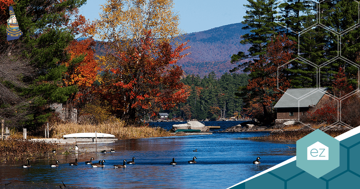 Autumn lake and cabin in the New Hampshire Lakes Region