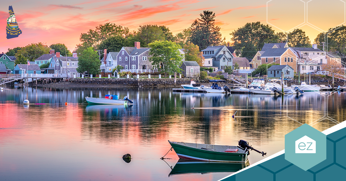New Hampshire Seacoast waterfront with small boats at sunset