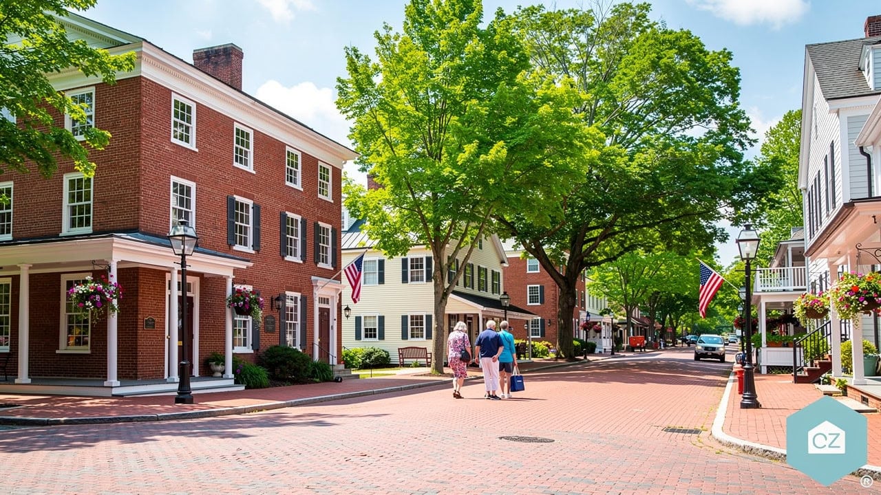Historic brick-lined main street in a New Hampshire town center