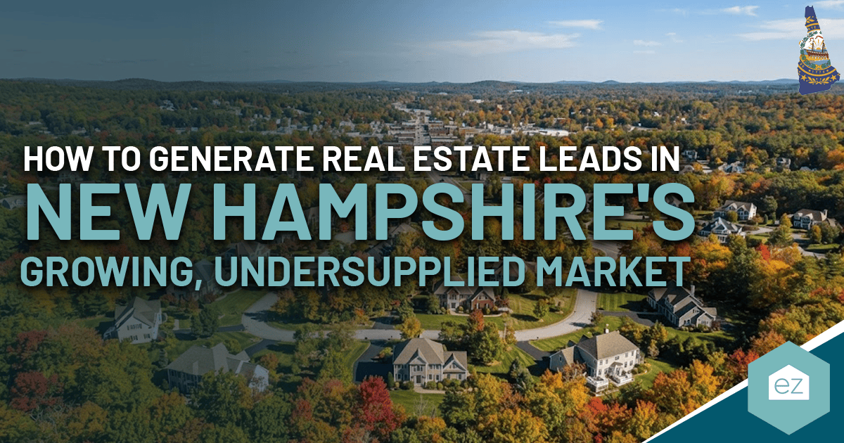 Aerial view of a suburban neighborhood with autumn trees; overlay text reads: “How to generate New Hampshire real estate leads in the state’s growing, undersupplied market.”.