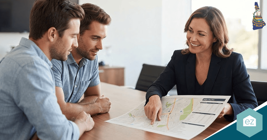 A woman points to a map on a table while explaining it to two men sitting beside her in a meeting room, strategizing effective ways to generate New Hampshire real estate leads.