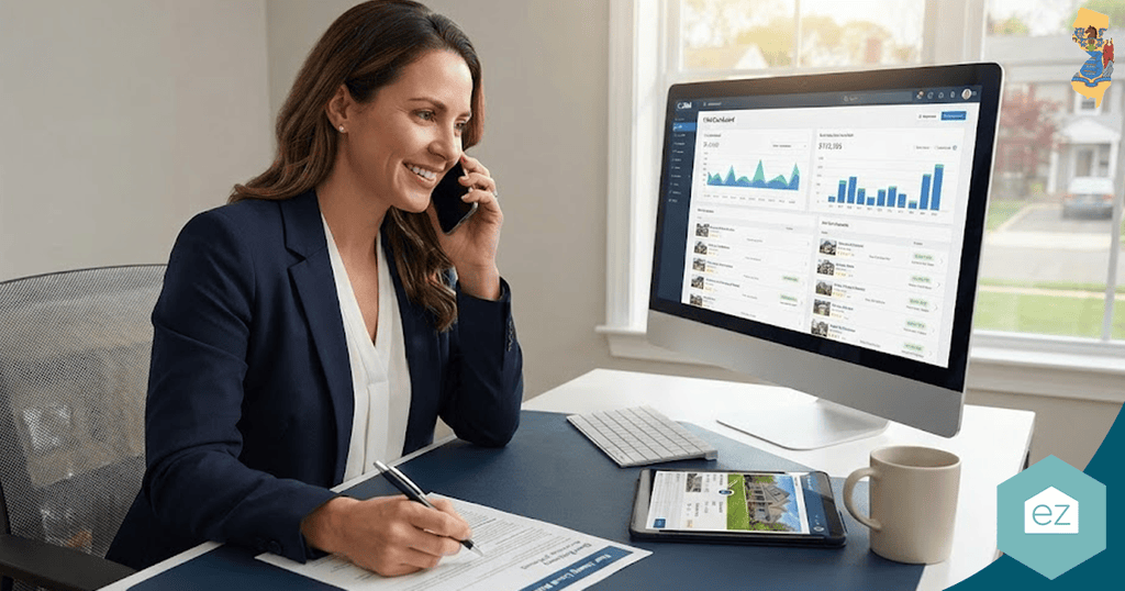 Woman in business attire sits at a desk, talking on the phone and writing on a form, with charts displayed on a large monitor and a tablet beside her as she manages New Jersey real estate leads.