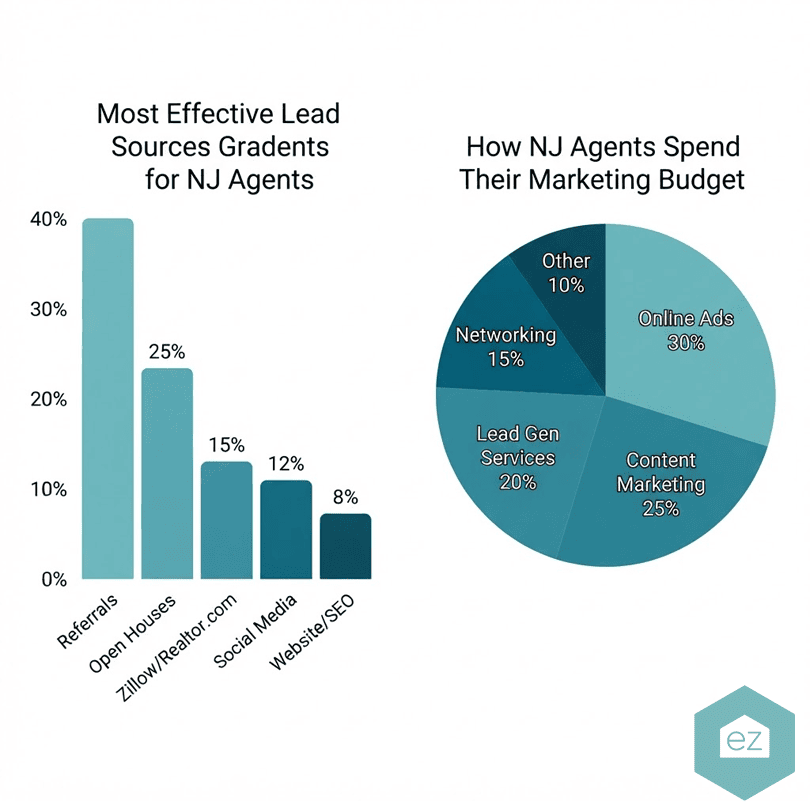 Bar chart shows top New Jersey real estate leads sources for NJ agents; pie chart shows marketing budget split, with online ads and content marketing as top categories.