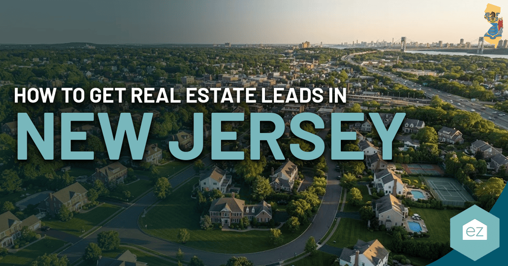 Aerial view of suburban homes and roads with large text reading “How to get New Jersey real estate leads.”.