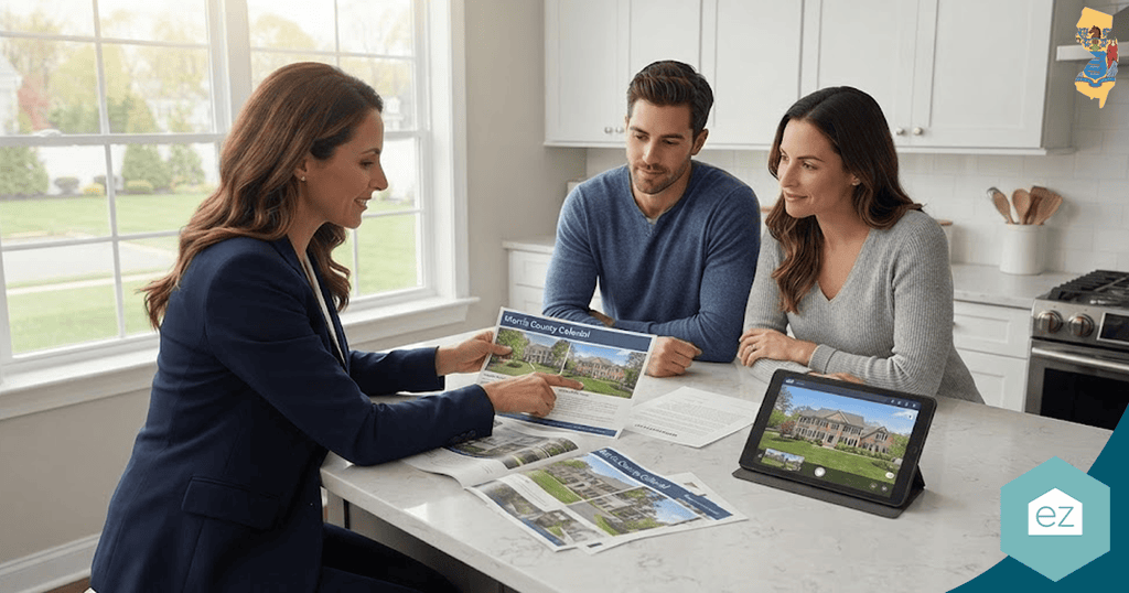 A woman shows property brochures to a man and woman in a kitchen, with a tablet displaying a house listing on the counter—an ideal setting for generating New Jersey real estate leads.