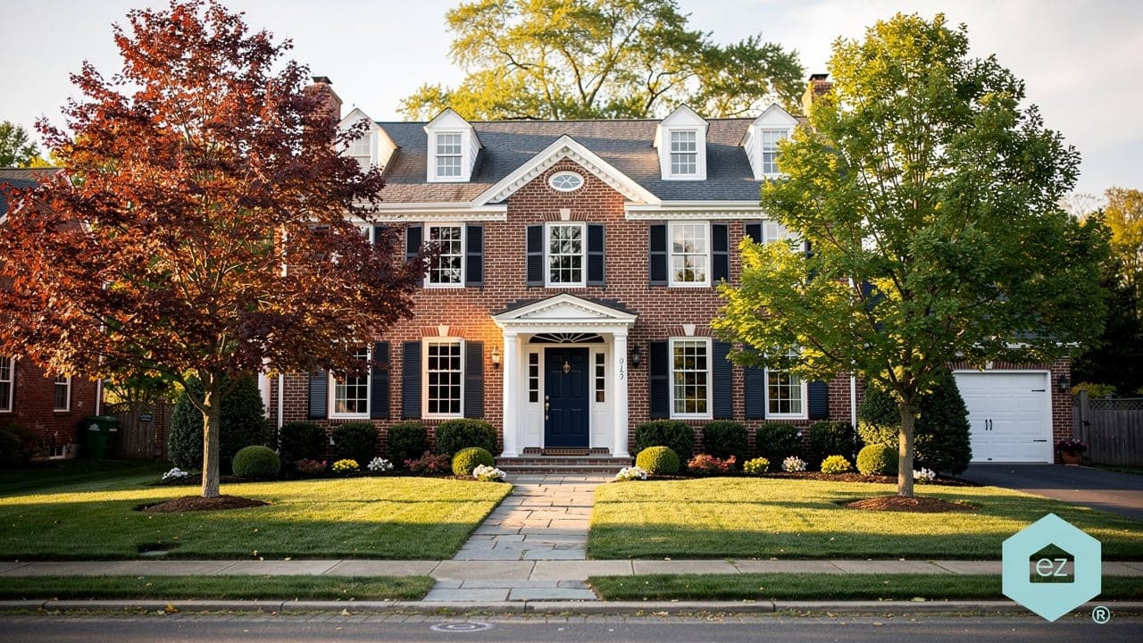 Two-story brick colonial home in a New Jersey suburb framed by autumn trees