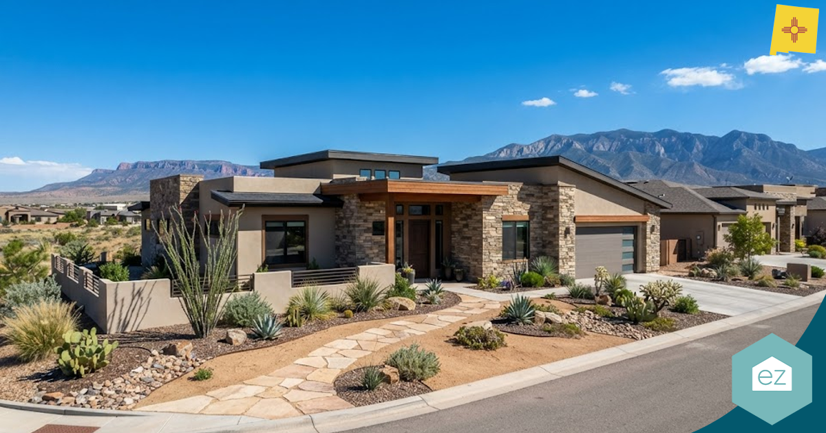 Modern single-story house with stone and stucco exterior, desert landscaping, mountain views—perfect for New Mexico real estate leads seeking suburban charm under a clear blue sky.