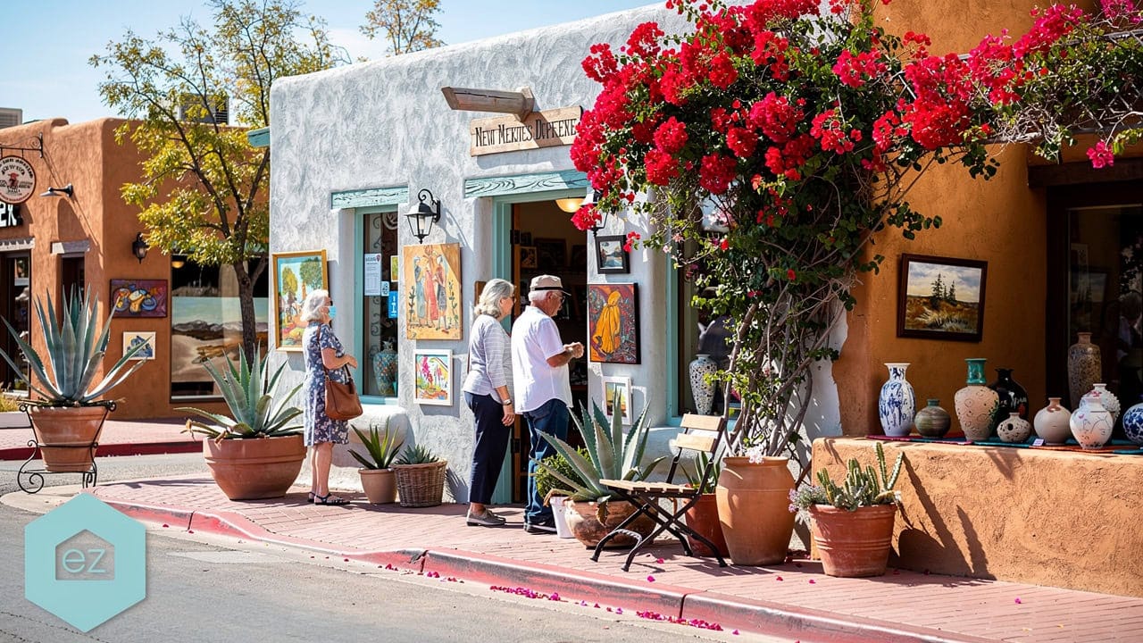 Visitors outside an adobe-style art gallery in a New Mexico cultural district