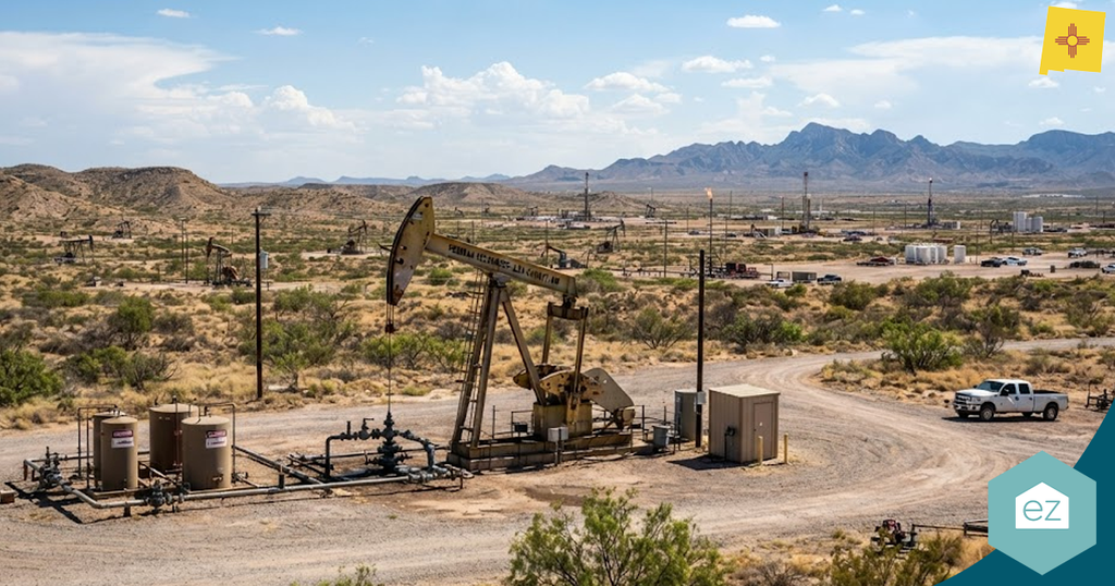 An oil pumpjack operates in a dry, desert landscape—typical for New Mexico real estate leads—with distant mountains, scattered tanks, and a white pickup truck under a partly cloudy sky.