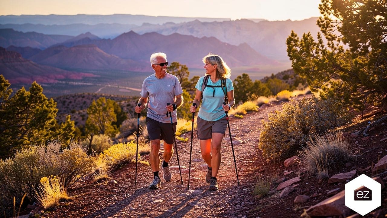 Two hikers with trekking poles on a New Mexico high-desert trail at sunset