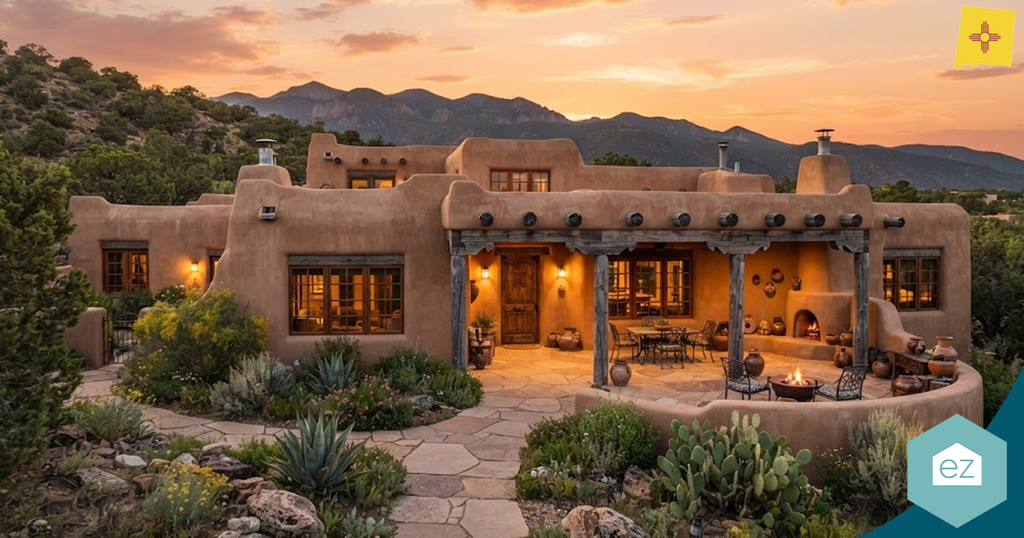 Adobe-style house with wooden beams, desert landscaping, and mountain backdrop at sunset—perfect for attracting New Mexico real estate leads; patio boasts seating, fire pit, and kiva fireplace.