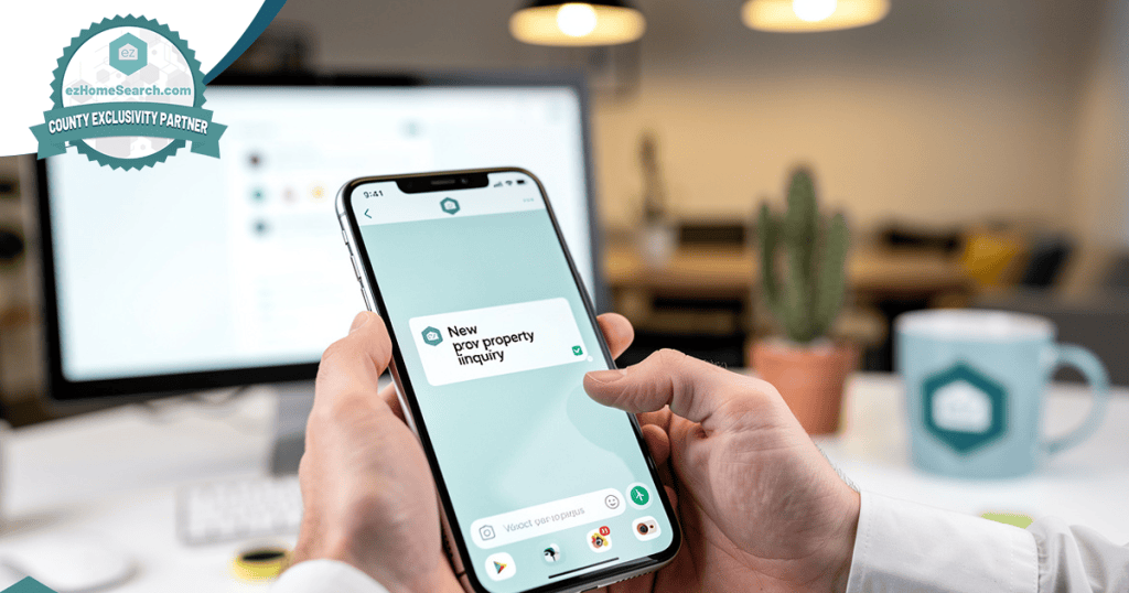 Person holding smartphone displaying a message about new property listings—perfect for those wondering how to reactivate old real estate leads; office setting with blurred computer screen, plant, and badge graphic in view.