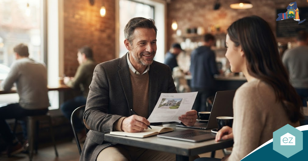 A man and woman sit at a cafe table, discussing New York real estate leads with a house photo, while a laptop and notebook are on the table.