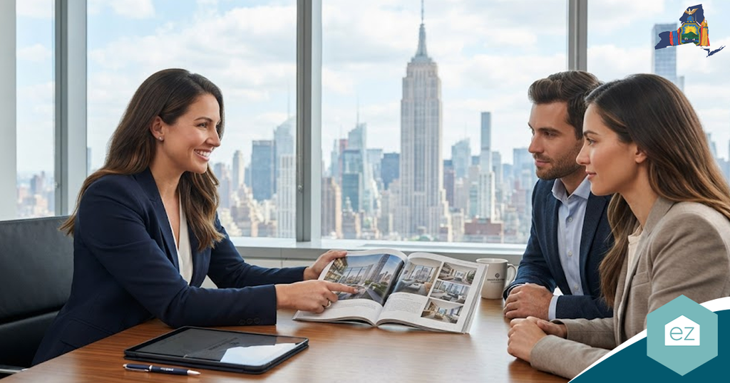 Three people sit at a table in a modern office with a city skyline view, discussing pictures in a New York real estate leads brochure.