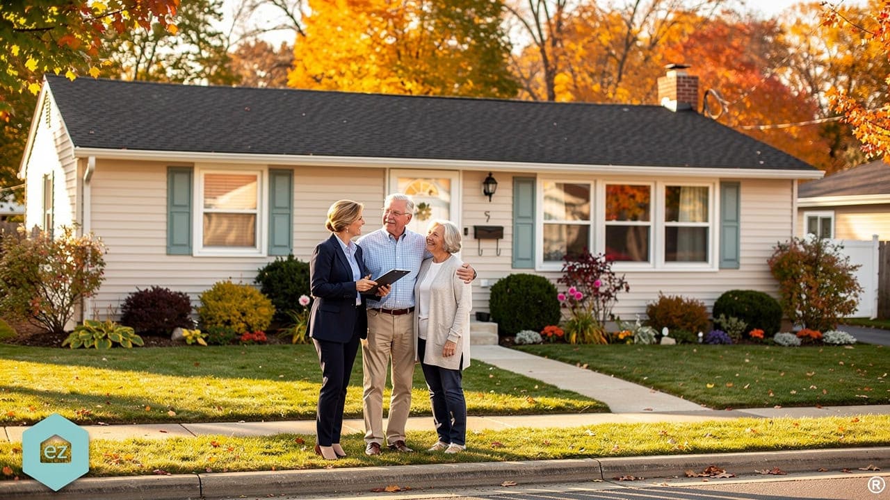 A real estate agent talking with an older couple outside their suburban New York home