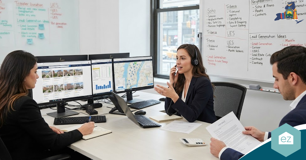 Three people in business attire meet at a desk discussing New York real estate leads; one speaks via headset while others listen and take notes amid charts, documents, and computers.