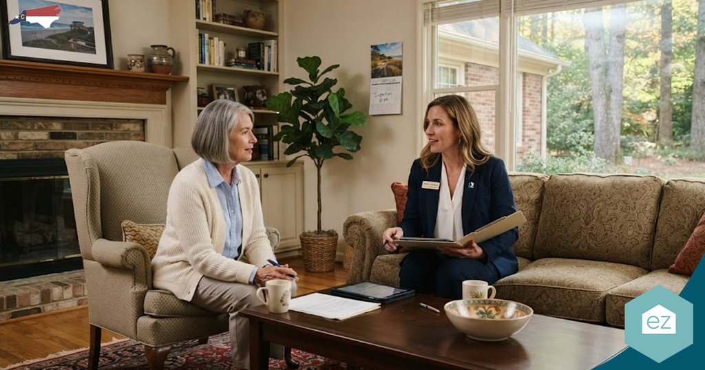 Two women discuss North Carolina real estate leads in a sunlit living room, with notebooks, mugs, and papers on the coffee table between them.