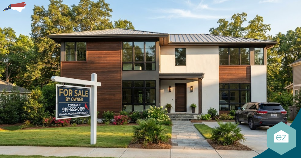 Modern two-story house with large windows and a “For Sale By Owner” sign, perfect for North Carolina real estate leads; SUV in driveway, surrounded by trees on a sunny day.