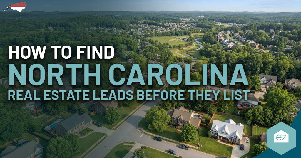 Aerial view of a suburban neighborhood in North Carolina with overlaid text about finding North Carolina real estate leads before properties are listed.
