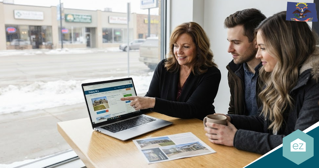 Three people sit at a table by a window, searching for North Dakota real estate leads on a laptop. Papers and a mug are scattered on the table, with snow falling outside.