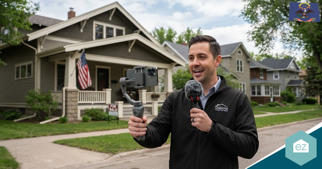 A man stands on a suburban street with a smartphone and microphone, recording himself in front of a house with an American flag to discuss North Dakota real estate leads.