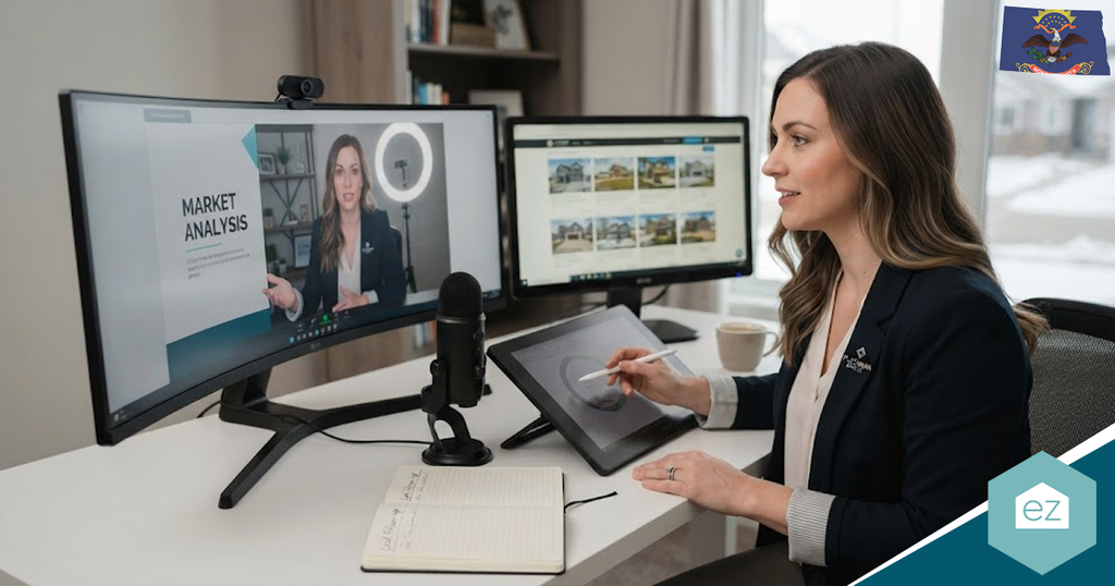 Woman at her desk attends a video call about North Dakota real estate leads, using a stylus on a tablet and two monitors; notebook and microphone are also on the desk.