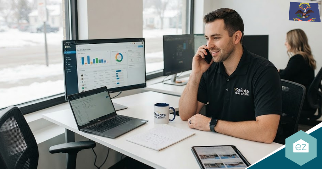 Man sits at a desk with a laptop, tablet, and charts on screens, discussing North Dakota real estate leads on the phone in a modern office with snowy scenery outside.
