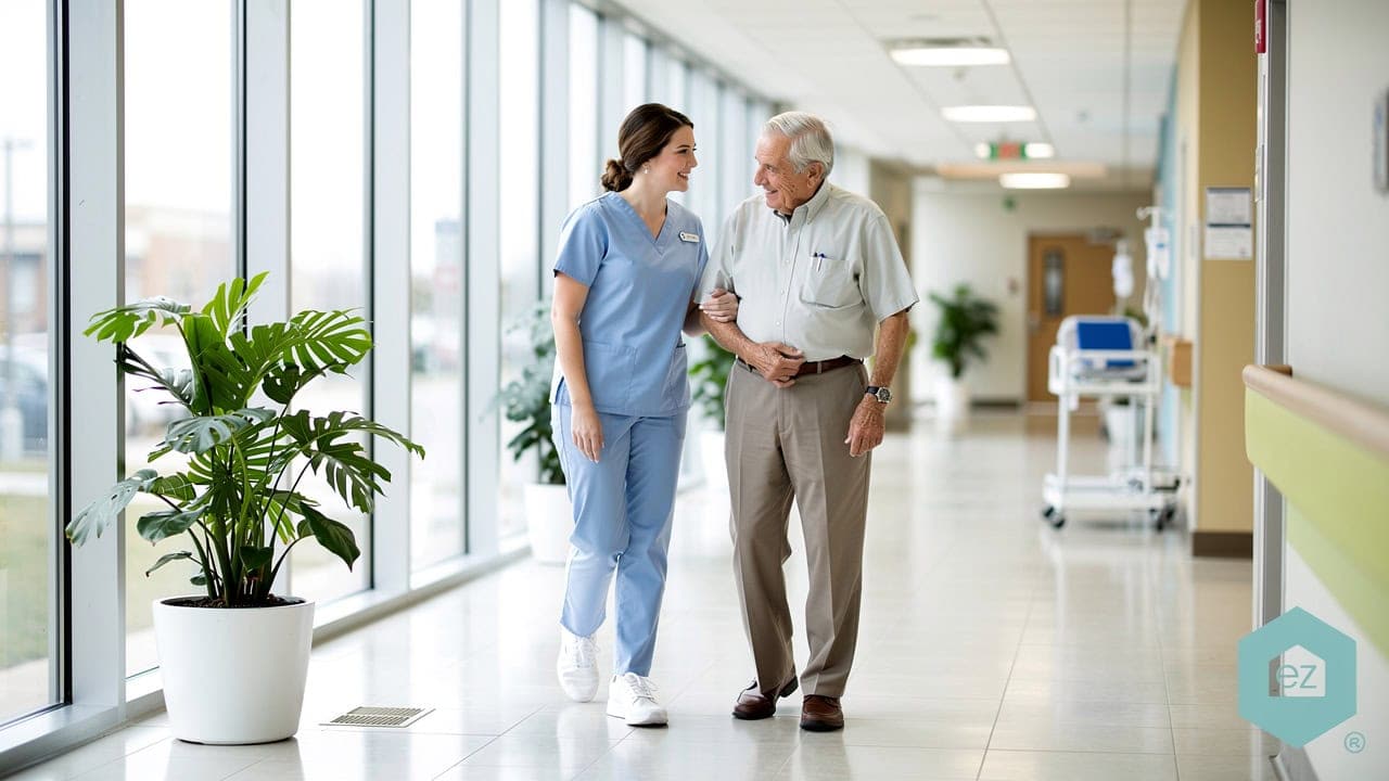 A nurse assisting an older resident in a bright hospital corridor in North Dakota