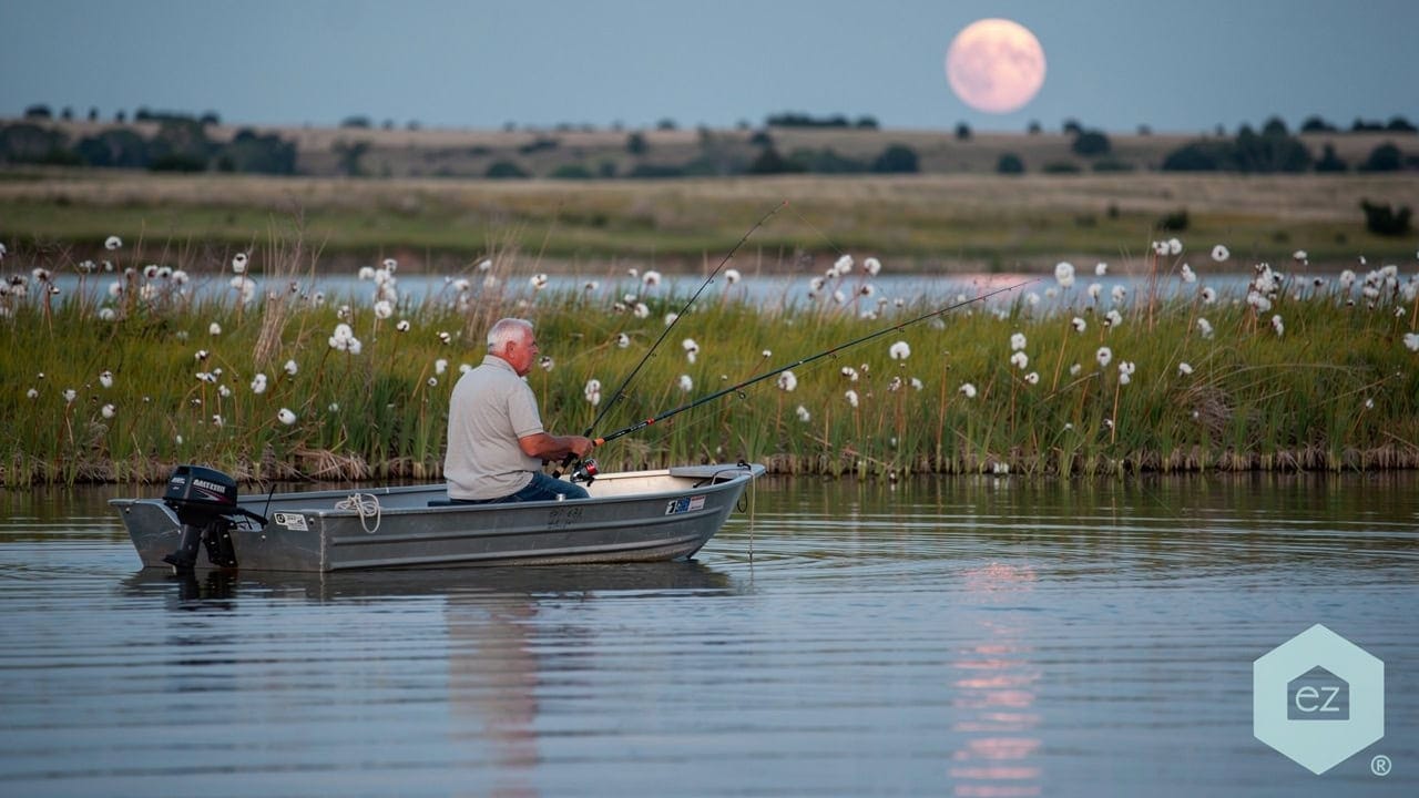 A lone fisher on a calm North Dakota lake at dusk under a rising full moon