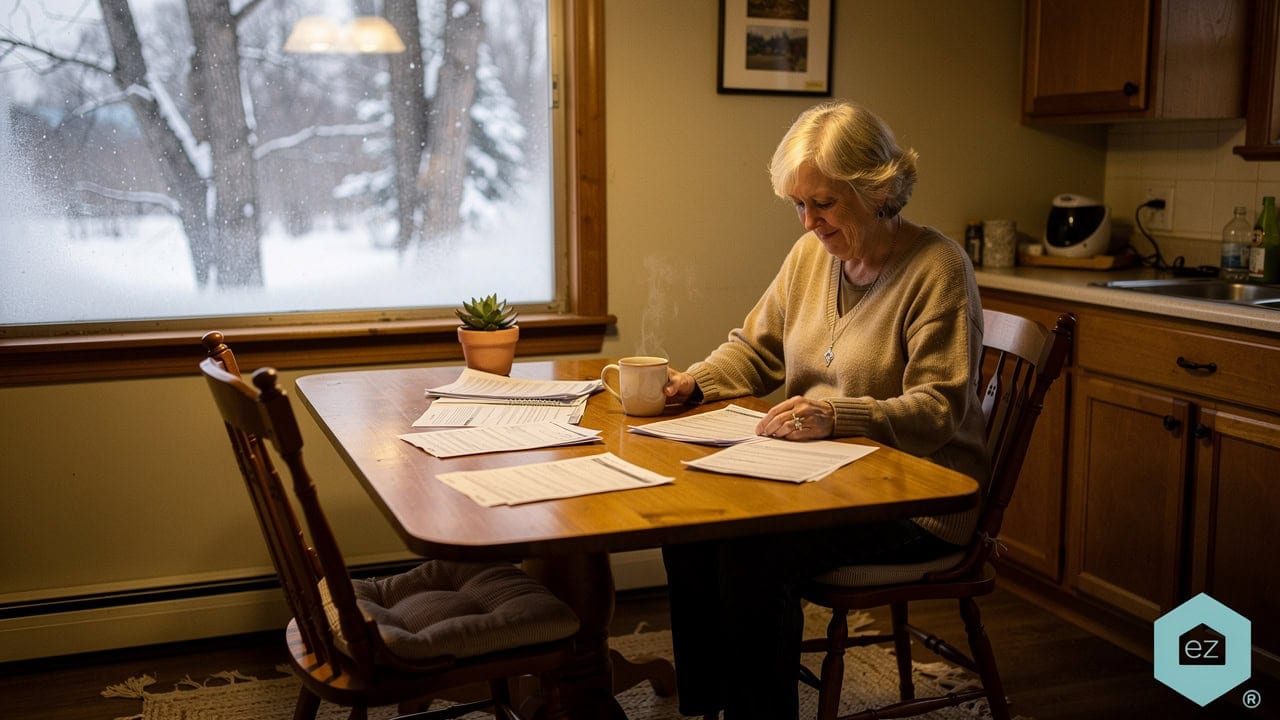 A North Dakota homeowner reviewing property documents at her kitchen table during winter