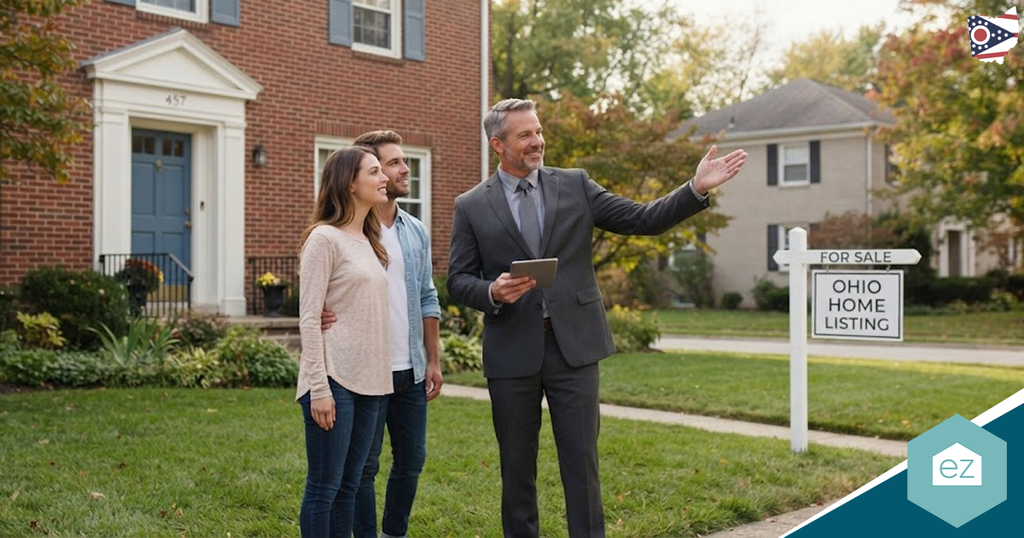 A real estate agent shows a house to a couple outside a brick home with an “Ohio Home Listing” sign, generating valuable Ohio real estate leads.