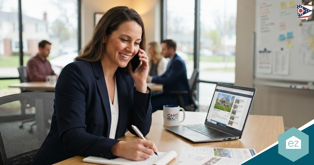 A woman in business attire talks on the phone, writes in a notebook, and reviews Ohio real estate leads on her laptop in an office setting.