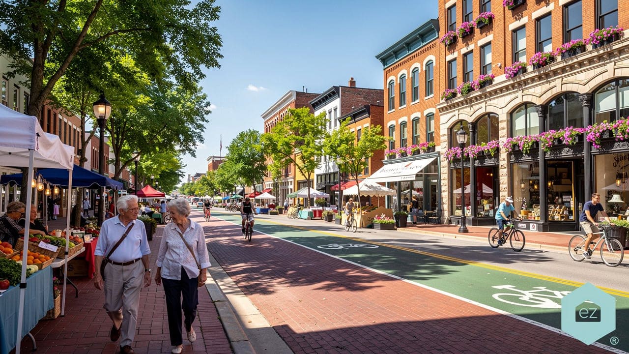 People walking and cycling on a brick-lined Ohio street beside a farmers market and historic storefronts