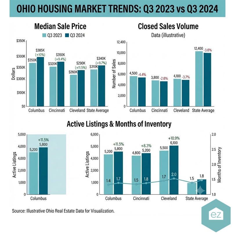 Bar charts compare Ohio cities’ median home prices, closed sales volume, and inventory for Q3 2023 vs Q3 2024, highlighting trends valuable for Ohio real estate leads.