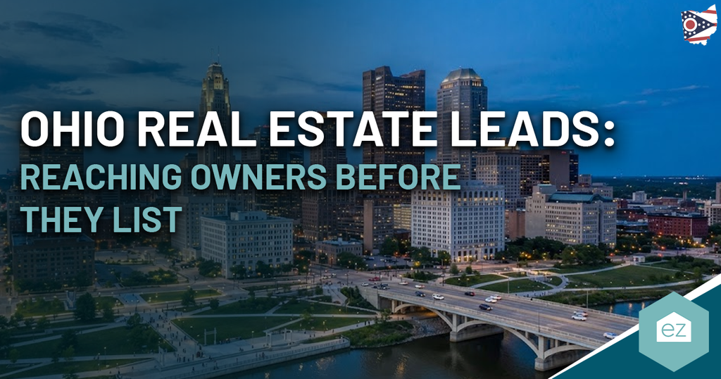 Skyline of a city in Ohio at dusk with the text “Ohio Real Estate Leads: Connecting You to Top Ohio Real Estate Leads Before They List” overlayed on the image.