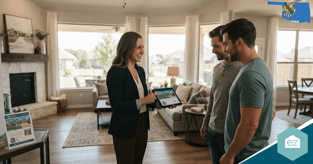 A real estate agent shows two men a property listing on a tablet inside a bright, modern living room, connecting with quality Oklahoma real estate leads.