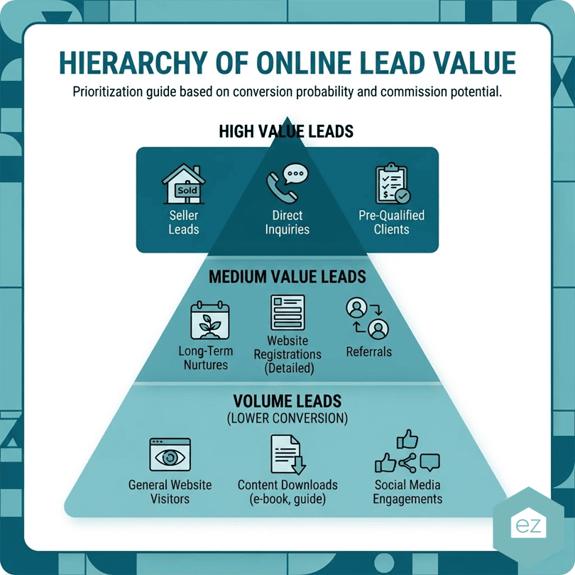 A pyramid diagram shows Oklahoma real estate leads hierarchy: high-value leads at the top, medium-value in the middle, and volume leads at the bottom, each with examples.