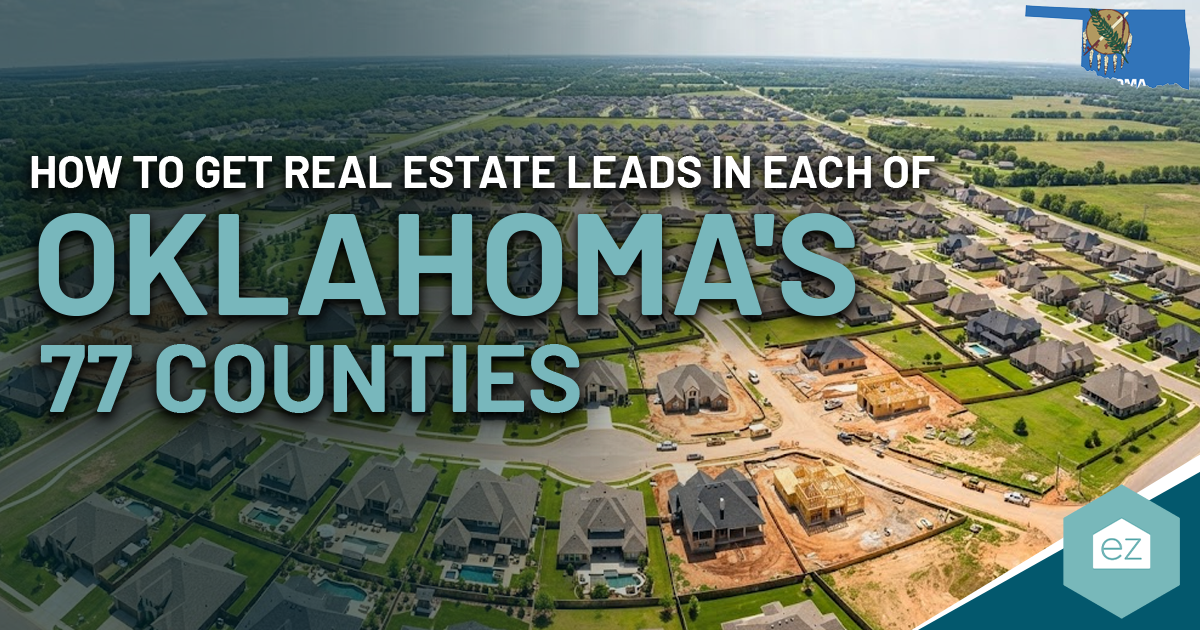 Aerial view of suburban neighborhood with homes under construction, overlaid with text about getting Oklahoma real estate leads in all 77 counties.