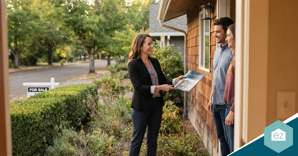 A real estate agent shows a brochure to a couple standing by the door of a house with a “For Sale” sign, helping them find top Oregon real estate leads.