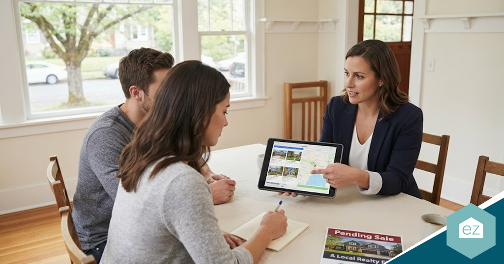 A real estate agent shows Oregon real estate leads on a tablet to a seated couple at a dining table, with brochures and a notepad visible.