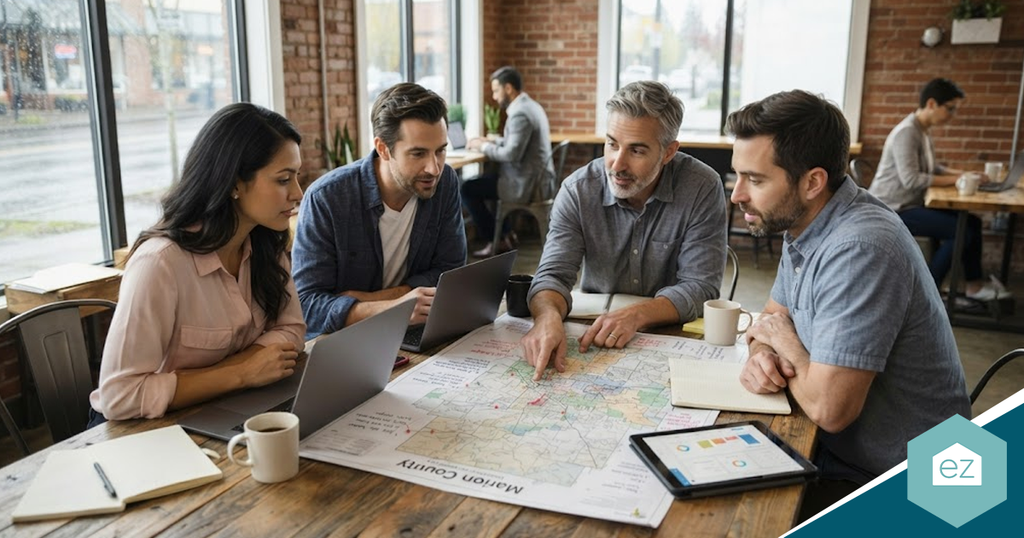 Four people sit at a cafe table, discussing Oregon real estate leads over a large map, with laptops, a tablet, notebooks, and coffee cups nearby.