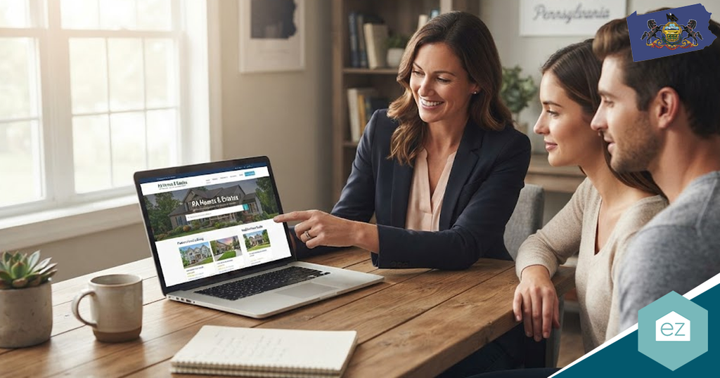 A real estate agent reviews Pennsylvania real estate leads on a laptop screen while sitting at a table with a couple.